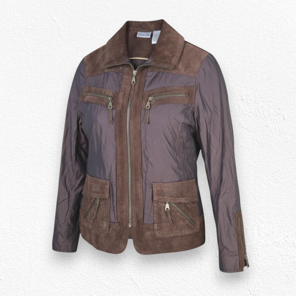 90s Vintage Brown Suede Leather Nylon Full Zip Chicos Utility Jacket Size Medium